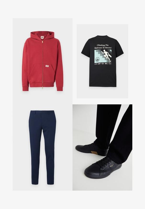 Rød lynlåshættetrøje med forlommer, ribstrikkede ærmeafslutninger og en lille logopatch på lommen og indersiden af kraven.; Sort T-shirt med grafik af en person, der går op ad trapperne med et skateboard, og teksten "Climbing The Staircase To Success!"; Marineblå bukser til formelt brug med lige ben, lavet af et glat stof. Har en frontknaplukning og to sidelommer.; Sorte lædersneakers med et elegant design, der har en struktureret overflade, rund tå og sorte snørebånd. Guld logo detaljer på siden.