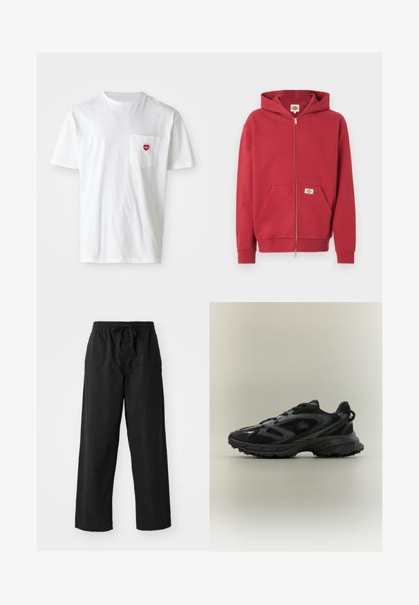 Rød lynlåshættetrøje med forlommer, ribstrikkede ærmeafslutninger og en lille logopatch på lommen og indersiden af kraven.; Hvid bomulds T-shirt med rund halsudskæring og korte ærmer. Har et lille rødt hjerte-logo på venstre brystlomme.; Sorte bredbenede bukser lavet af blødt stof med elastisk talje og justerbar snor, der har en glat overflade og ingen synlige mønstre.; Sort atletisk sko med meshpaneler, en tekstureret sål, snørebånd og en buet silhuet med sølvfarvede accenter på siderne.