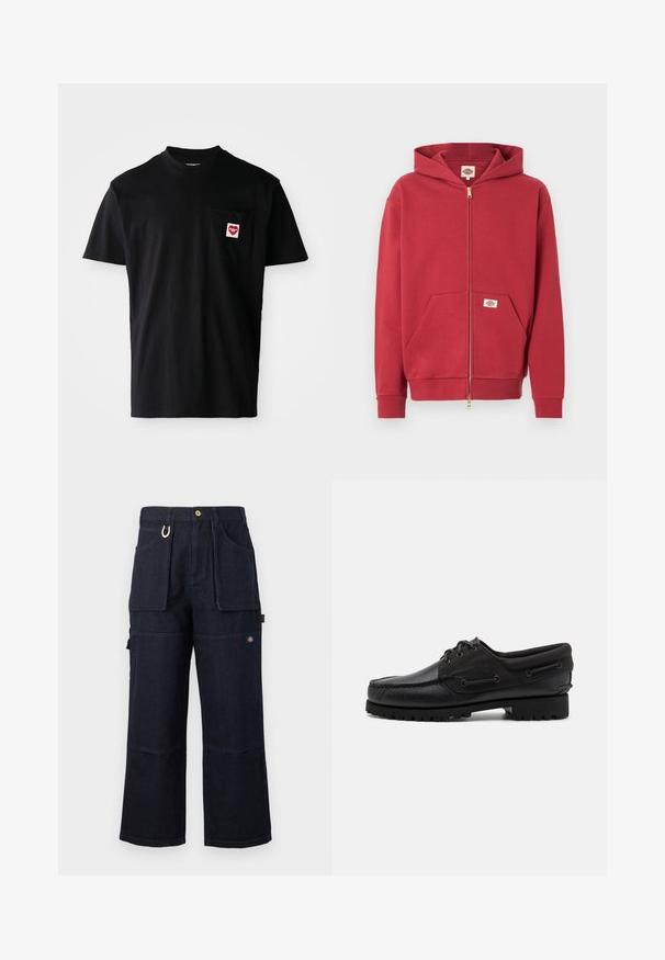 Rode hoodie met ritssluiting, voorzakken, geribbelde manchetten en een klein logoplaatje op de zak en binnen in de kraag.; Zwarte katoenen t-shirt met een ronde halslijn, korte mouwen en een linkerkant borstzak met een rode hartpatch met witte tekst.; Donkerblauwe, wijde denim werkbroek met grote voor- en zijzakken, knoopsluiting en een klein logoplaatje op het dijbeen.; Zwarte schoen met een leren bovenzijde, textiele accenten, ronde veters en een getextureerde rubberen zool. Voorzien van mocassin-stiksel en merkdetails.