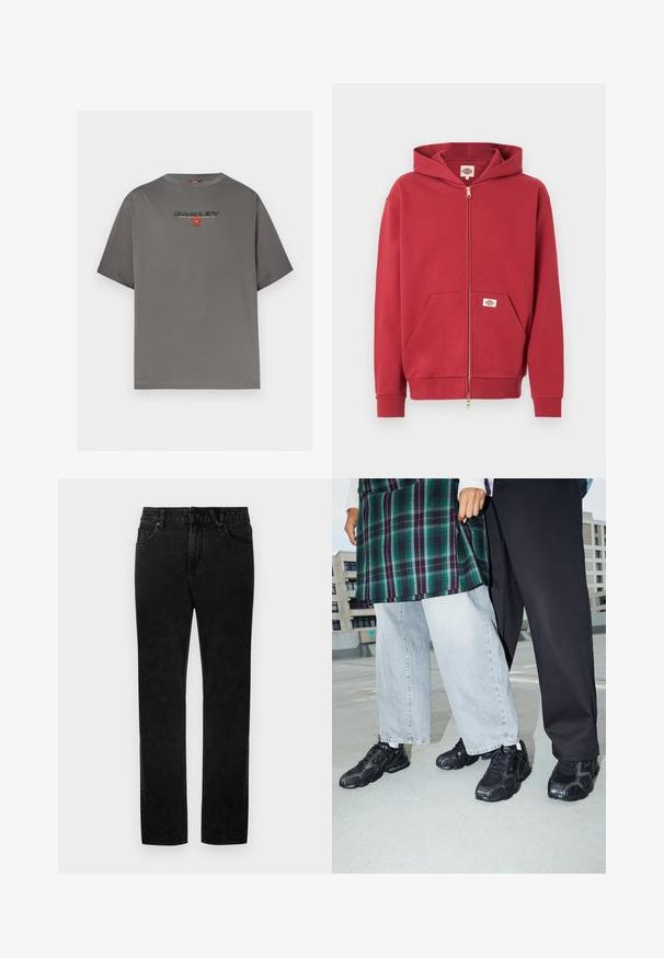 Sweat à capuche zippé rouge avec poches frontales, poignets côtelés et une petite écusson logo sur la poche et à l'intérieur du col.; T-shirt gris à manches courtes avec le logo "OAKLEY" et un petit graphisme rouge centré sur la poitrine, présenté sur un fond blanc uni.; Jean en denim noir avec une coupe droite, doté de passants pour ceinture, de poches avant et d'une fermeture par bouton. La texture est lisse avec une légère élasticité.; Baskets de sport noires avec des accents en mesh et en caoutchouc. Portées avec un jean large gris clair et un haut à carreaux vert. Fond à surface plane.