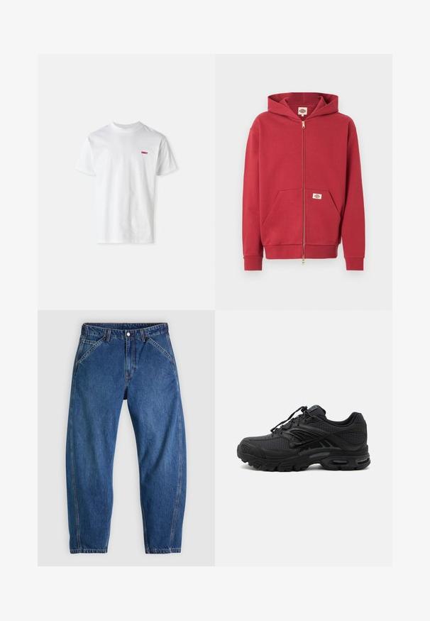 Sudadera con capucha roja con cremallera, bolsillos delanteros, puños acanalados y un pequeño parche de logo en el bolsillo y en el interior del cuello.; Camiseta blanca de algodón con cuello redondo y mangas cortas, con un pequeño logo rojo "OBEY" en el lado izquierdo del pecho.; Vaqueros de mezclilla azul con un ajuste holgado, cuentan con cierre de botones, cinco bolsillos y costuras en contraste de color naranja. Textura suave en toda la prenda.; Zapatilla deportiva negra con tejido texturizado, suela gruesa y acolchada, ventilaciones y cierre con cordones, mostrada de lado sobre un fondo claro.