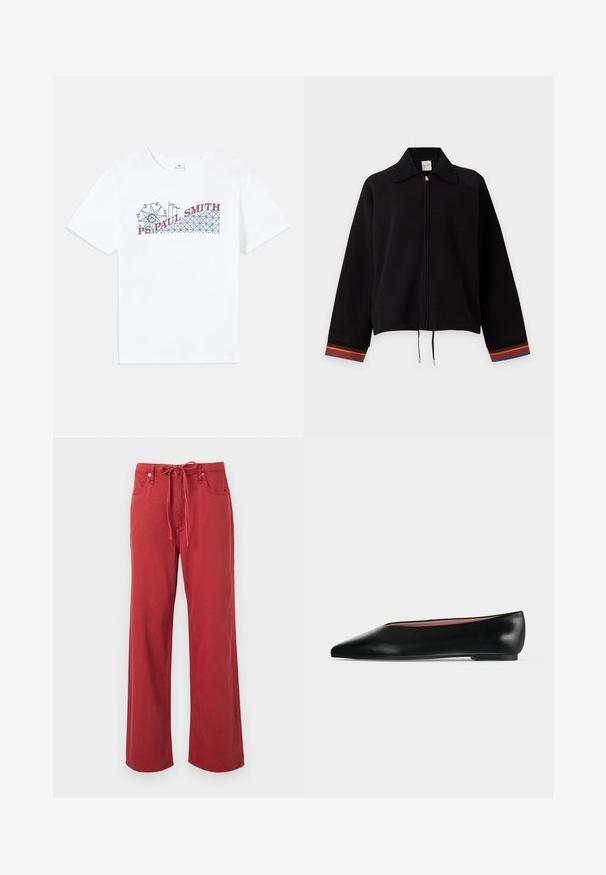 Veste noire zippée avec col côtelé, ourlet avec cordon de serrage et manches rayées aux accents orange, rouge et bleu.; T-shirt en coton blanc avec un graphique coloré d'une grande roue et d'une montagne russe, avec le texte "PS Paul Smith" en rouge et bleu.; Pantalon rouge taille haute jambes droites avec poches avant et ceinture à cordon sur un fond clair.; Chaussure plate en cuir noir pour femme, avec bout pointu et petit talon, vue de côté sur un fond gris clair uni.