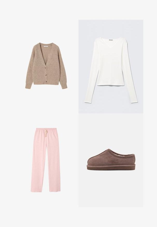 Cárdigan de punto beige con escote en V, mangas largas y cinco botones de madera en la parte delantera. Tela texturada con un corte relajado.; Camiseta blanca de manga larga con cuello en V, confeccionada en algodón suave. Presenta un diseño ajustado con costuras laterales sutiles y un aspecto limpio y minimalista.; Pantalones de lounge de algodón en rosa claro, con un corte holgado, cinturilla elástica y detalle de cordón. Textura suave, diseño de longitud completa.; Bianco Backless Loafer BIASNOW - Sandalias planas - taupe