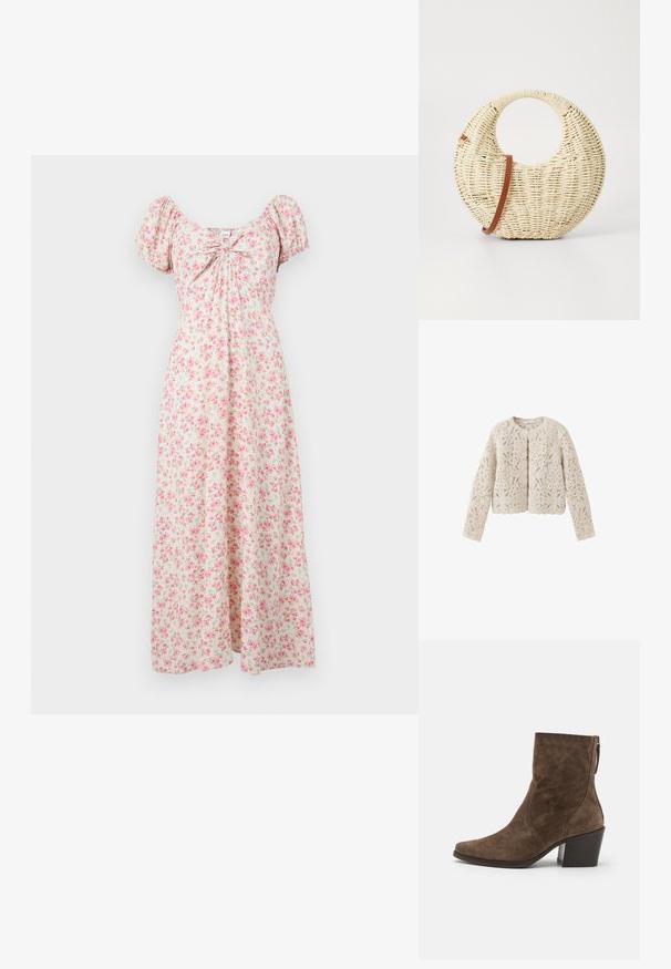 Cardigan long à manches longues couleur crème en crochet avec motif en dentelle florale et bords festonnés, devant ouvert et encolure ronde.; Robe longue crème à motif floral rose, manches bouffantes, encolure froncée et coupe fluide.; Bottes à chevilles en suede marron avec un bout pointu, une fermeture éclair sur le côté et un talon épais. Présente une texture lisse et des détails de couture minimalistes.; Sac à main tressé rond en paille naturelle avec une finition texturée. Dispose d'une bandoulière en cuir marron lisse et d'une poignée circulaire.