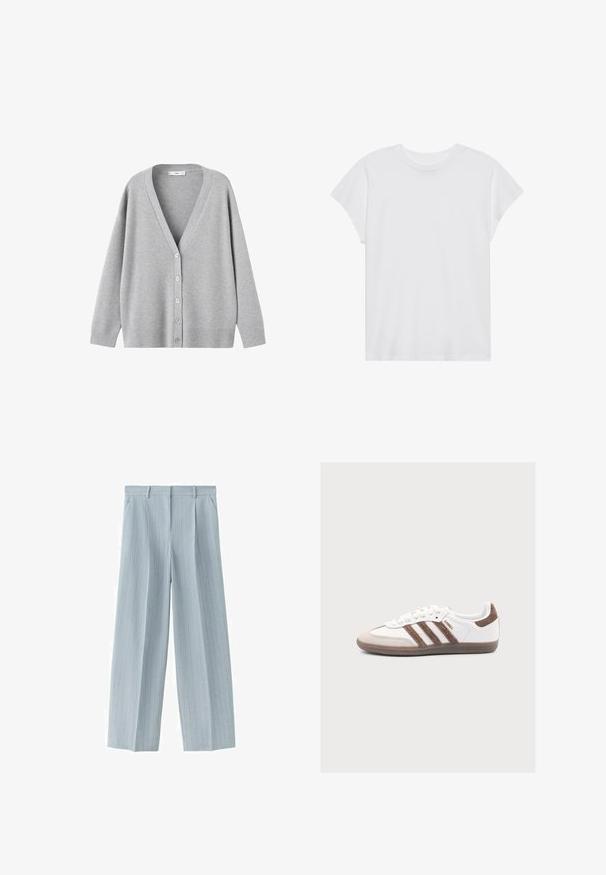 Cardigan en tricot gris clair à manches longues avec col en V et cinq boutons blancs sur le devant, poignets et ourlet côtelés.; T-shirt blanc à manches courtes, col rond, coupe décontractée, en tissu de coton doux. Texture lisse, sans motifs ni logos.; Pantalon tailleur bleu clair à fines rayures, avec passants de ceinture, poches latérales et fermeture éclair à l'avant.; Baskets blanches Adidas Samba avec des bandes en daim marron, un bout en daim marron et une semelle en gomme sur fond gris clair.