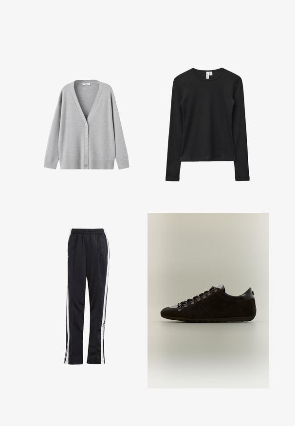 Hellgraue Strickjacke mit langen Ärmeln, V-Ausschnitt und fünf weißen Knöpfen vorne, mit gerippten Bündchen und Saum.; Langärmliges schwarzes T-Shirt aus weichem Stoff, mit Rundhalsausschnitt und schlichten Design, ohne sichtbare Muster oder Verzierungen.; Schwarze Jogginghose mit weißen Seitenstreifen, elastischem Bund und einem Logo-Patch. Hergestellt aus glattem, leichtem Stoff. Gerades Bein-Design.; Schwarzer Sneaker mit niedrigem Schaft, Wildlederstruktur, Metallösen und schwarzen Schnürsenkeln, von der Seite auf neutralem Hintergrund gezeigt.