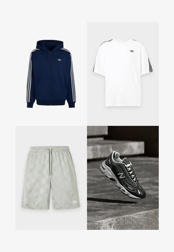 Laivastonsininen täydellä vetoketjulla varustettu huppari, jossa valkoiset kolme raitaa hihoissa, kengurutasku, huppu kiristysnauhoilla ja pieni valkoinen Adidas-logo rinnassa.; Valkoinen puuvillapaita lyhyillä hihoilla, jossa on mustat kolmonauha-akselit hartioilla ja pieni musta logo rinnassa.; Umbro FOOTBALL SHORT - Verryttelyhousut - harbor mist; Mustavalkoinen New Balance 1000 -tennari valkoisilla nauhoilla, roikkumassa karhean betonipinnan ja taustalla näkyvien kivisten portaiden yläpuolella.