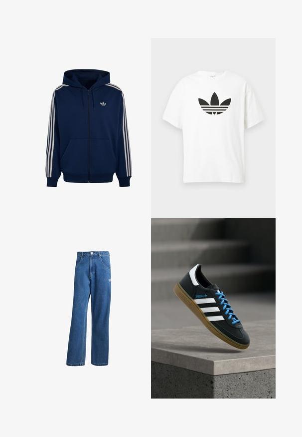 Marineblauwe hoodie met volledige ritssluiting, witte drie strepen op de mouwen, kangoeroezak, capuchon met trekkoorden en klein wit Adidas-logo op de borst.; Witte katoenen t-shirt met een groot zwart Adidas trefoil-logo en drie horizontale strepen eronder. Korte mouwen, ronde hals.; Blauwe hoge taille wijde spijkerbroek met voorzakken, riemlussen, knoopsluiting en klein Adidas-logo op de rechterdij.; Zwarte Adidas-sneaker met witte strepen, blauwe veters en een gumzool die boven een grijze betonnen trede zweeft in zacht licht.