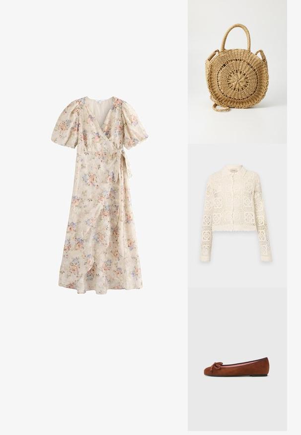 Hvid hæklede cardigan med krave, prydet med et indviklet firkantet mønster, lange ærmer og bølgede kanter. Knaplukning foran.; Omslagskjole med ballonærmer, pastelblomstret print på cremebaggrund, V-halsudskæring og bindebånd i taljen, midi længde med lagdelt nederdel.; Brune ruskind balletflats med rund tå, forsynet med en dekorativ knude foran og en kontrasterende pink indersål. Flad sål.; ONLY ONLPENELOPE BEACH ROUND CROSSOBODY - Skuldertasker - toasted coconut