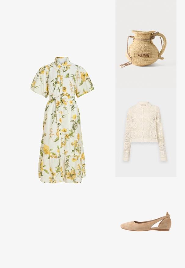 Hvid hæklede cardigan med krave, prydet med et indviklet firkantet mønster, lange ærmer og bølgede kanter. Knaplukning foran.; Hvid midi-kjole med gul blomsterprint, pufærmede korte ærmer, knaplukning foran, krave og taljebånd.; Beige ruskinds ballet flats med spids tå, udskåret sideskål og lav hæl. Glat tekstur og minimalistisk stil.; Rund flettet stråtaske med håndtag af reb og "ALEMAIS" broderet på siden med brunt garn.