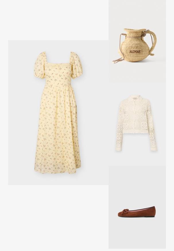 Cardigan en crochet blanc avec un col, présentant un motif carré complexe, des manches longues et des bords festonnés. Fermeture à boutons à l'avant.; Robe midi jaune avec manches bouffantes, encolure carrée, imprimé floral délicat et taille froncée.; Ballet flat en cuir suédé marron avec un bout arrondi, dotée d'un nœud décoratif à l'avant et d'une doublure intérieure rose contrastante. Semelle plate.; Sac à main rond en paille tissée avec une anse en corde et "ALEMAIS" brodé sur le côté en fil marron.