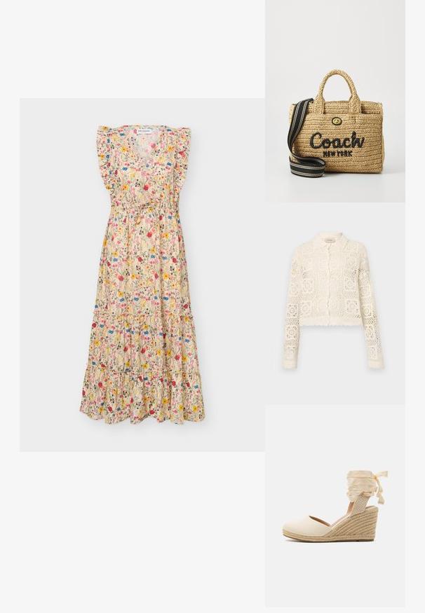 Cardigan en crochet blanc avec un col, présentant un motif carré complexe, des manches longues et des bords festonnés. Fermeture à boutons à l'avant.; Robe maxi beige sans manches à fleurs avec épaules volantées, col en V, ceinture à la taille et détails de jupe à volants superposés.; Escarpin compensé beige avec tige en toile, bout ouvert et lacets en ruban doux. Compensé en jute texturé avec un motif tressé.; Sac en paille tressée avec deux poignées supérieures, logo brodé noir "Coach New York", quincaillerie dorée et une bandoulière rayée amovible.