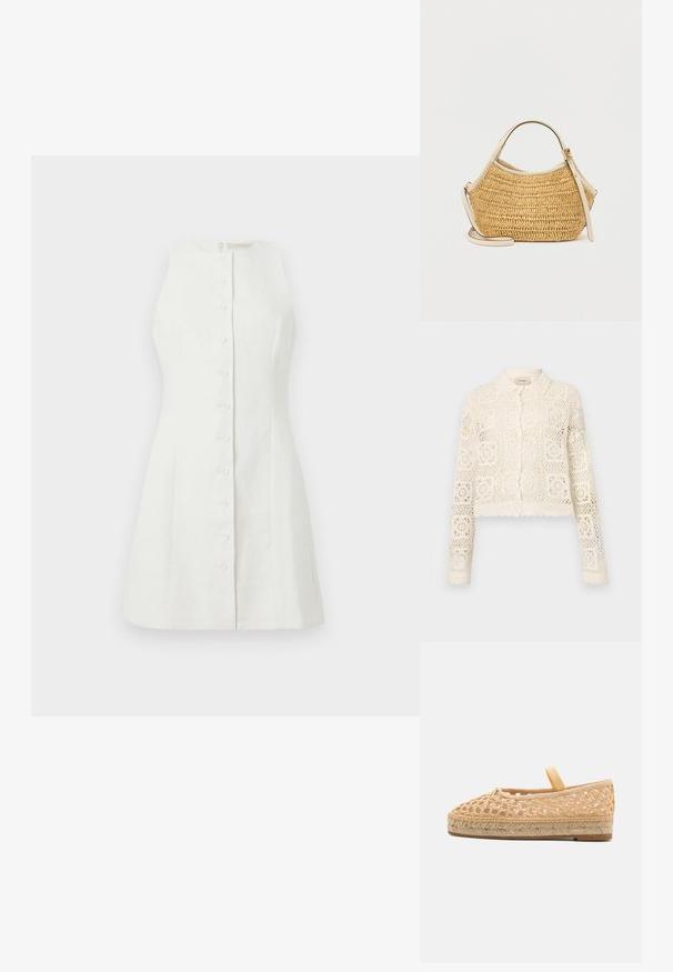 Hvid hæklede cardigan med krave, prydet med et indviklet firkantet mønster, lange ærmer og bølgede kanter. Knaplukning foran.; Hvid ærmeløs kjole lavet af linned, med knaplukning foran, tætsiddende form og subtil struktur samt en simpel lynlås i ryggen.; Loeffler Randall KAYLA - Espadrilles - natural; Beige vævet håndtaske med rund form, med cremefarvet læderhåndtag og justerbar skulderrem med detaljer i guld-tone spænde.