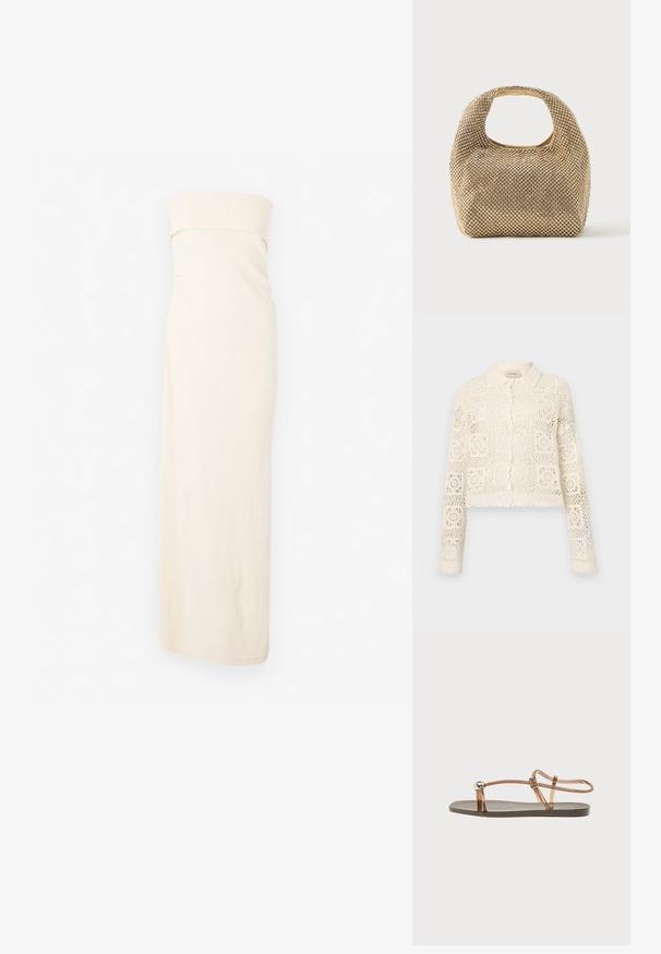 Hvid hæklede cardigan med krave, prydet med et indviklet firkantet mønster, lange ærmer og bølgede kanter. Knaplukning foran.; CLOSED BANDEAU DRESS - Strikkjoler - off white; Flad sandal med tynde gennemsigtige brune remme, en metallisk spænde og en lille sølvfarvet dekorativ kugle nær tå-ringen.; Lille håndtaske i guldtone dækket af skinnende runde nitter med kort håndtag og rektangulært udskåret hul øverst.