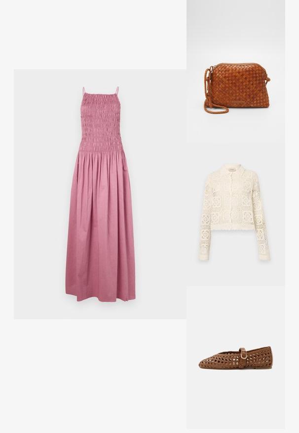 Cardigan en crochet blanc avec un col, présentant un motif carré complexe, des manches longues et des bords festonnés. Fermeture à boutons à l'avant.; Robe maxi en rose pâle, avec un corsage smocké, de fines bretelles et une jupe fluide avec une taille froncée. Fabriquée en tissu léger.; Chaussure plate marron tissée avec sangle ajustable et boucle dorée, featuring un bout fermé et un design en treillis respirant.; Sac en cuir tressé marron en bandoulière avec une fermeture éclair, de forme arrondie et une poignée tressée. Il présente une petite plaque logo rectangulaire.