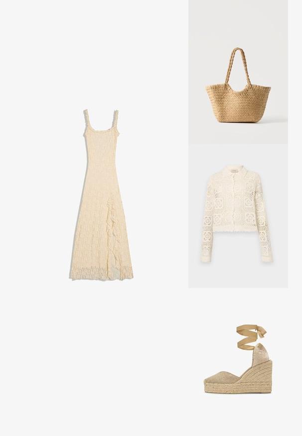 Cardigan en crochet blanc avec un col, présentant un motif carré complexe, des manches longues et des bords festonnés. Fermeture à boutons à l'avant.; Robe maxi en dentelle couleur crème avec fines bretelles, corsage ajusté et fente froncée sur le côté gauche.; Espadrille compensée beige avec plateforme en jute tressé et bride à nouer autour de la cheville, dotée d'un bout fermé texturé et d'un contrefort de talon à motifs.; Sac cabas en paille tressée avec large base, poignées tressées et couleur beige naturel sur fond blanc uni.