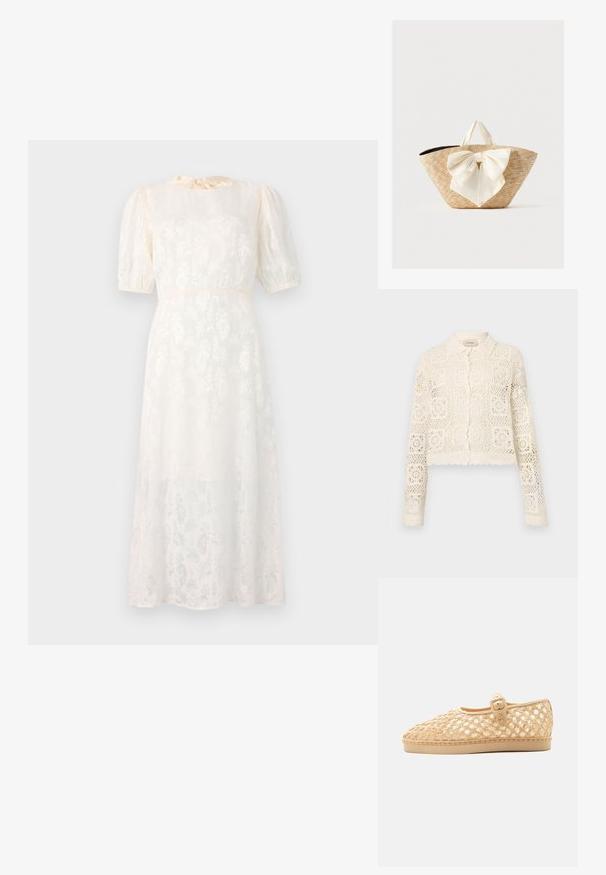 Witte gehaakte cardigan met een kraag, voorzien van een ingewikkeld vierkant patroon, lange mouwen en gegolfde randen. Knopenluiting aan de voorkant.; Witte jurk met bloemenpatroon, gemaakt van lichte stof, met korte puffmouwen en een gestrikte halslijn, en een vloeiende, knielange Silhouet.; Beige gevlochten platte schoen met gesloten neus, verstelbare gespband en lage zool op witte achtergrond.; Gevlochten strooien draagtas met crèmekleurige stoffen handvatten en een grote decoratieve crèmekleurige strik aan de voorkant, op een effen achtergrond.