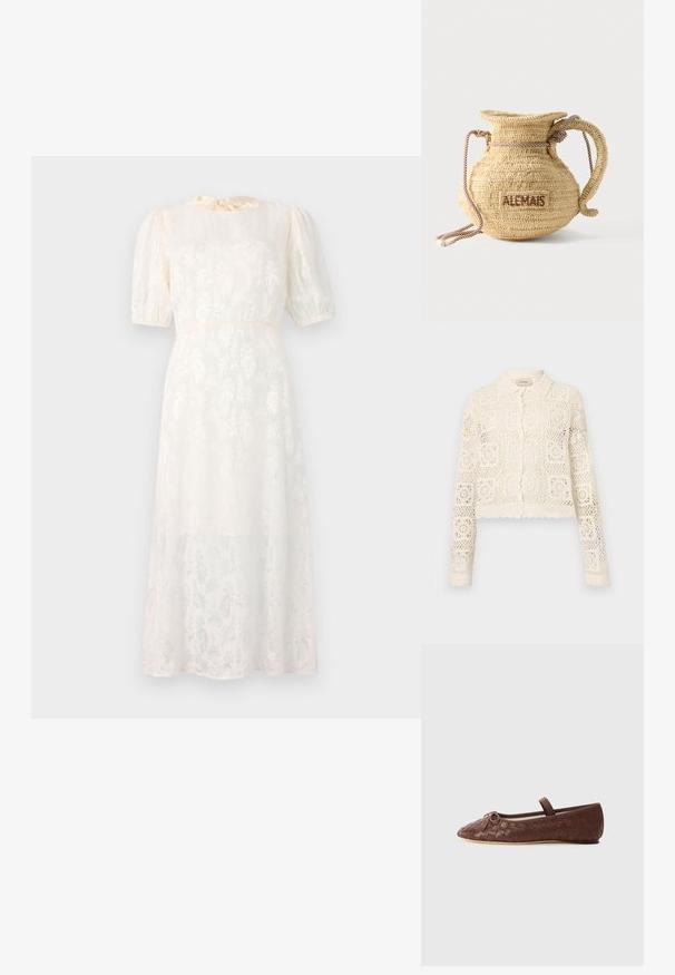 Hvid hæklede cardigan med krave, prydet med et indviklet firkantet mønster, lange ærmer og bølgede kanter. Knaplukning foran.; Hvid, blomsterpræget kjole lavet af letvægtsstof, med korte puffærmer og en knyttet halsudskæring, samt en svævende, knælang silhuet.; Brun vævet læderballetsko med rund tå, lille sløjfe som accent og en elastisk rem over anklen for en sikker pasform.; Rund flettet stråtaske med håndtag af reb og "ALEMAIS" broderet på siden med brunt garn.