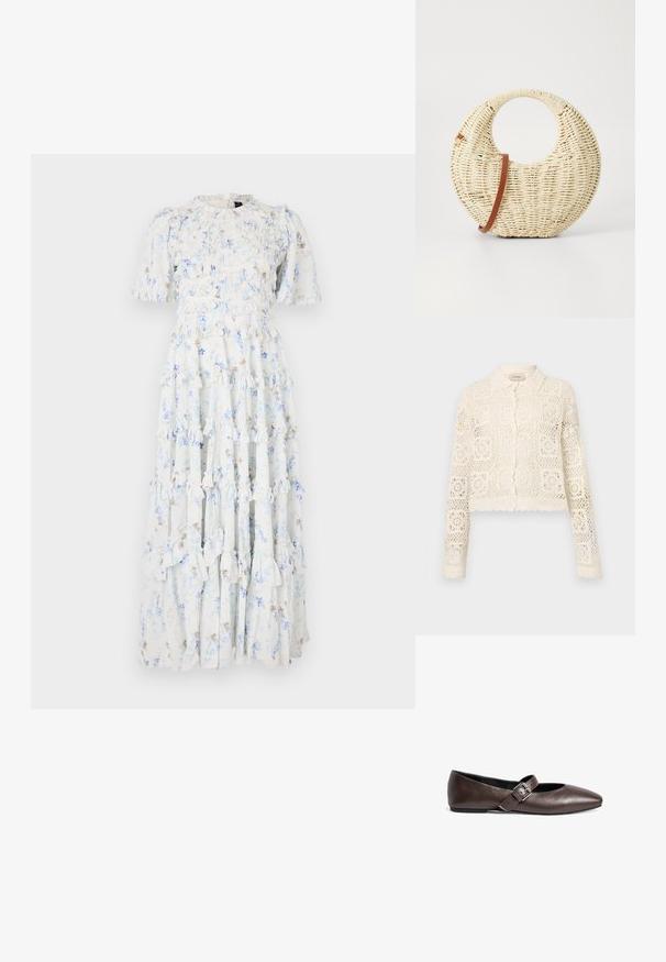 Hvid hæklede cardigan med krave, prydet med et indviklet firkantet mønster, lange ærmer og bølgede kanter. Knaplukning foran.; Maxi kjole i lyseblå stof med blomsterprint, med flæser, korte ærmer og rund halsudskæring.; Brune læder flade sko med rund tå og en justerbar spænde rem over midtfoden. Glat tekstur og minimalistisk design.; Rund flettet taske i naturligt strå med en tekstureret overflade. Har en glat brun læderrem og et cirkulært håndtag.