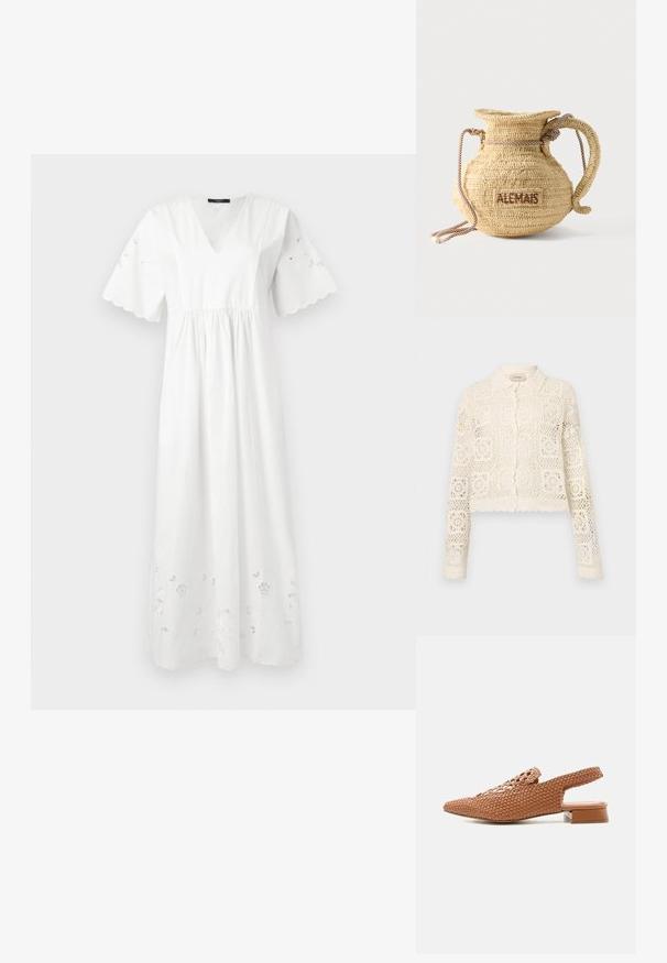 Cardigan en crochet blanc avec un col, présentant un motif carré complexe, des manches longues et des bords festonnés. Fermeture à boutons à l'avant.; Robe midi blanche avec col en V, manches courtes festonnées avec détails ajourés, taille froncée et broderie florale découpée à l'ourlet.; Chaussure slingback en cuir tressé marron avec bout pointu et talon bas et épais.; Sac à main rond en paille tissée avec une anse en corde et "ALEMAIS" brodé sur le côté en fil marron.