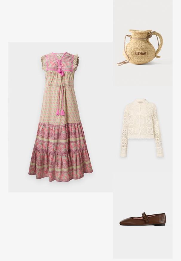Cárdigan blanco de ganchillo con collar, que presenta un intrincado patrón cuadrado, mangas largas y bordes en forma de concha. Cierre de botón en la parte delantera.; Vestido maxi de tela verde claro con estampado floral rosa, dobladillo con patrón contrastante, mangas con volantes y acentos de borlas rosas.; Zapato plano tipo Mary Jane de cuero marrón con correa de hebilla redonda y suela negra sobre un fondo gris claro.; Bolso redondo de paja tejido con asa de cuerda y "ALEMAIS" bordado en un lateral con hilo marrón.