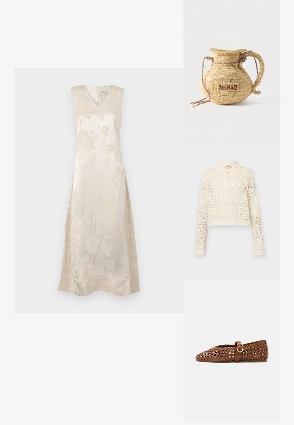 Hvid hæklede cardigan med krave, prydet med et indviklet firkantet mønster, lange ærmer og bølgede kanter. Knaplukning foran.; Ærmeløs blomsterkjole i lys beige stof; har V-udskæring og lynlås i ryggen; semitransparent tekstur med en subtil glans.; Brun flettet flad sko med justerbar rem og guldsplint, der har lukket tå og åndbart gitterdesign.; Rund flettet stråtaske med håndtag af reb og "ALEMAIS" broderet på siden med brunt garn.