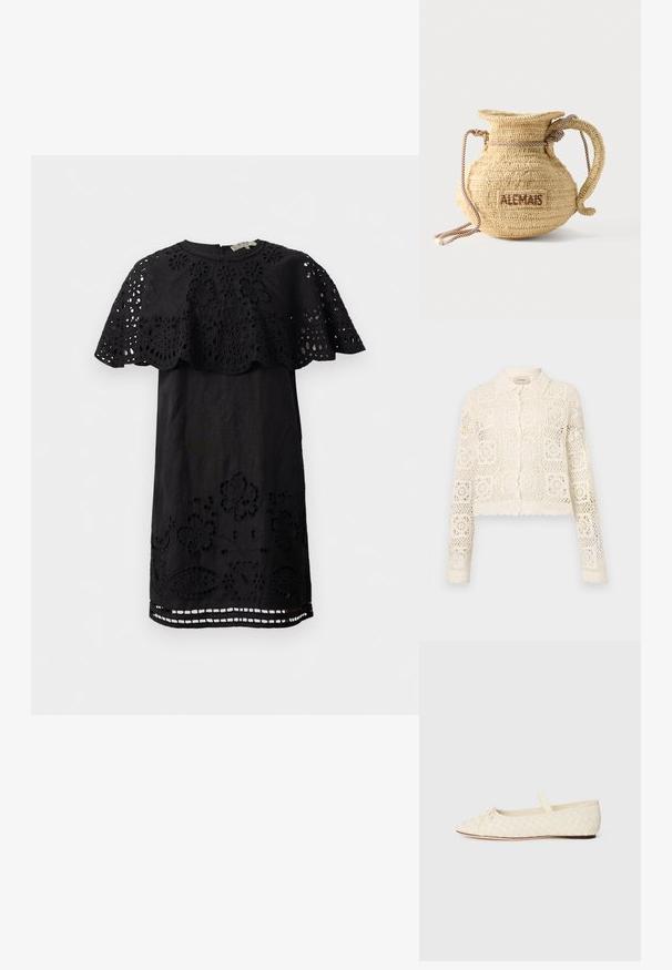 Weißer gehäkelter Cardigan mit Kragen, der ein komplexes Quadratmuster, lange Ärmel und gewellte Kanten aufweist. Knopfverschluss vorne.; Schwarzes Kleid mit floralem Spitzeneinsatz an den Schultern und dem Saum, mit Cut-out-Details und Rundhalsausschnitt. Hergestellt aus leichter Stoffqualität.; Ballerina in geflochtenem cremefarbenem Material, spitz zulaufend, mit einem kleinen Schleifendetail vorne und einem Riemen oben. Flacher Absatz.; Runde, geflochtene Strohtasche mit Kordelgriff und dem Schriftzug "ALEMAIS" auf der Seite, in braunem Garn gestickt.