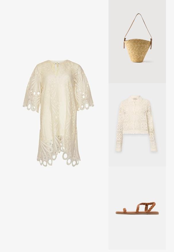 Cardigan en crochet blanc avec un col, présentant un motif carré complexe, des manches longues et des bords festonnés. Fermeture à boutons à l'avant.; Robe en dentelle crème avec des motifs de découpes circulaires, un ourlet festonné et de larges manches courtes, dotée d'une petite fermeture à nouer au niveau de l'encolure.; Anna Field by Zalando Sandales - cognac; Sac seau en paille tissée avec une base large, un sommet étroit et une bandoulière en cuir marron ajustable.