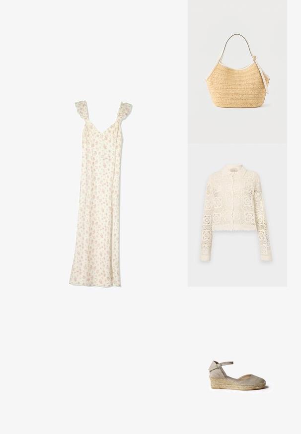 Hvid hæklede cardigan med krave, prydet med et indviklet firkantet mønster, lange ærmer og bølgede kanter. Knaplukning foran.; Lang hvid kjole med små lyserøde blomsterprint, flæse skuldre og V-halsudskæring.; Beige espadrille med en vævet tekstil ankelrem, lukket tå og en jutesnoreindpakket kilehælt. Glat stofoverdel og naturlig rebdetaljering.; Beige flettet stråhåndtaske med hvidt læderkanter og justerbar skulderrem, vist mod en ensartet lys baggrund.