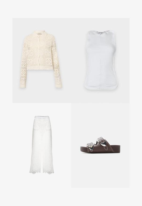 Hvid hæklede cardigan med krave, prydet med et indviklet firkantet mønster, lange ærmer og bølgede kanter. Knaplukning foran.; Hvid ærmeløs top lavet af ribbet bomulds-materiale, med et figursyet design, rund udskæring og synlige sømme langs siderne.; Hvide bukser med brede ben lavet af struktureret blonde, med to frontlommer og bølgende kanter. Inklusiv en glat talje med en lille logoaccent.; Brun platform-sandals med to justerbare sølvspænder og hvid kontrastsyning, vist i sideprofil mod hvid baggrund.