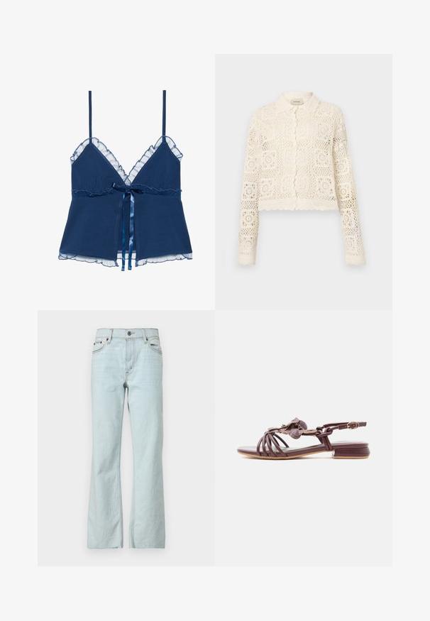 Cardigan en crochet blanc avec un col, présentant un motif carré complexe, des manches longues et des bords festonnés. Fermeture à boutons à l'avant.; Débardeur bleu marine à fines bretelles, avec un bord en dentelle transparente à volants le long de l'encolure et de l'ourlet, et un ruban en satin noué à la taille.; Jeans en denim bleu clair avec une coupe évasée, fermeture à bouton, design à cinq poches et un délavage subtil sur le tissu. Accents de couture propre et minimal.; Sandale plate en cuir marron avec décoration florale, plusieurs lanières à l'avant, bride de cheville avec boucle et petit talon carré sur fond blanc.