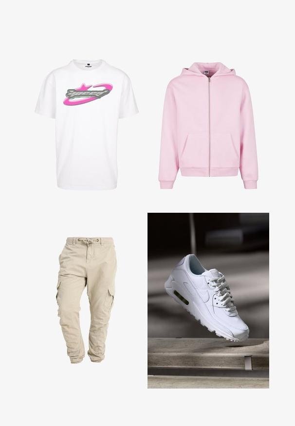 Urban Classics URBAN CLASSICS FLUFFY ZIP HOODY - Φούτερ με φερμουάρ - softpink; Λευκή βαμβακερή μπλούζα με κοντά μανίκια που διαθέτει μια μεγάλη γκρίζα και ροζ γραφιστική "ταχύτητας" με σχέδιο αστεριού και τροχιάς τυπωμένο μπροστά.; Μπεζ παντελόνι cargo με ελαστικά μανσέτα, πλαϊνές τσέπες με πατιλέτα, σούρα στη μέση και θηλιές για ζώνη.; Λευκό δερμάτινο αθλητικό παπούτσι με υφή στην επιφάνεια, επενδεδυμένο κολάρο και ορατή αεροστιβάδα στη σόλα. Περιλαμβάνει κορδόνια και μινιμαλιστικό σχέδιο.