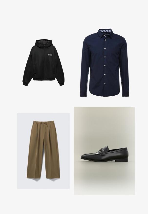 Veste à capuche noire zippée en tissu texturé, avec poches latérales, poignets côtelés et logo « STUD » sur la poitrine, présentée sur un fond blanc.; Chemise bleu marine à manches longues avec col boutonné, col intérieur à carreaux contrastés et boutons blancs sur le devant. Texture lisse.; Pantalons larges en vert olive, en tissu doux avec une taille élastique et un cordon de serrage ajustable. Comprend deux poches latérales.; Mocassin pour homme en cuir noir avec un talon bas et un détail de boucle en métal sur le dessus, vu de profil sur un fond neutre.