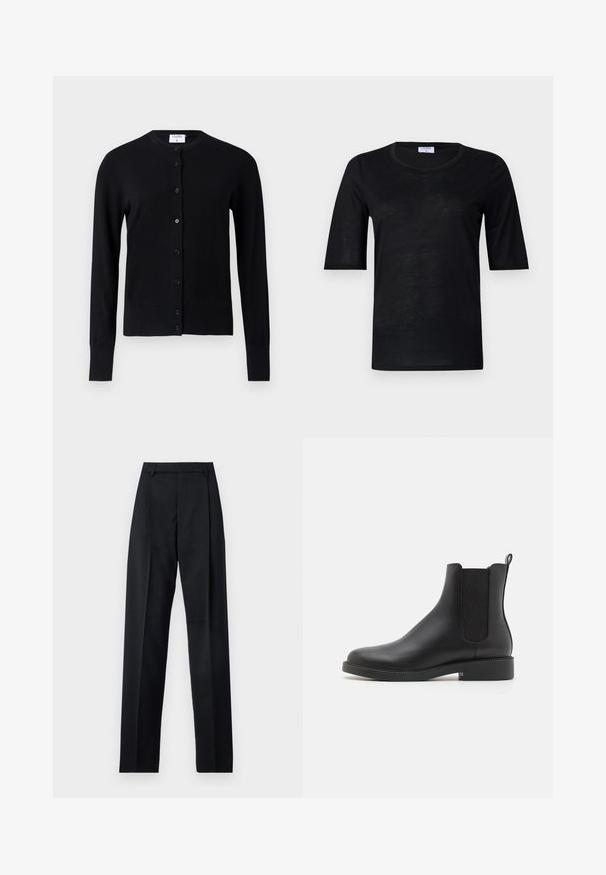 Sort cardigan lavet af blødt stof med rund halsudskæring, lange ærmer og en knaplukning med seks knapper.; Sort kortærmet T-shirt lavet af letvægtsstof med rund halsudskæring, der har en glat tekstur og en afslappet pasform.; Sorte bukser lavet af glat stof, der har høj talje, brede ben, frontfolder og klassiske bælteløkker. Ingen synlige sidelommer.; Sort læder ankelstøvle med elastiske sidepaneler, rund tå, lav blokhæl og en hængetab på bagsiden for nem påtagning.
