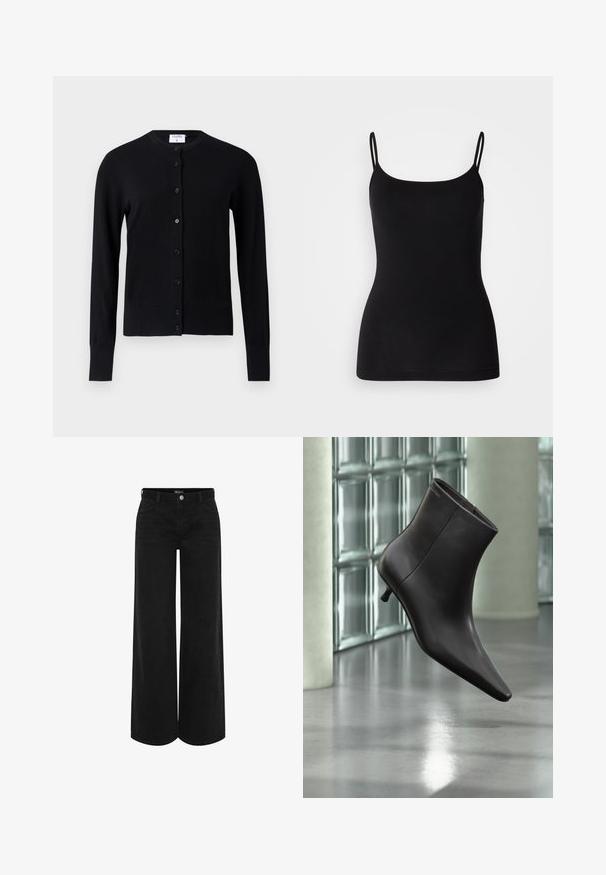 Sort cardigan lavet af blødt stof med rund halsudskæring, lange ærmer og en knaplukning med seks knapper.; Sort camisole-top med tynde justerbare stropper, glat elastisk stof og en tæt silhuet. Ingen mønstre eller pynt.; Sorte vidde denimbukser med høj talje, der har en frontknaplukning, to sidelommer og et klassisk femlomme-design.; Sort læderankelstøvle med spids tå og lille hæl vist mod en væg af glasblokke og poleret gulv baggrund.