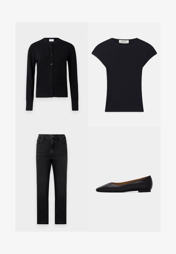 Gilet noir en tissu doux, avec un col rond, des manches longues et une fermeture à boutonnage comportant six boutons.; Haut noir à manches courtes en tissu doux, avec un col rond et une coupe ajustée, ornée de légers accents d'épaule. Étiquette visible.; Jean en denim noir avec une coupe droite, taille haute et un design classique à cinq poches. Comprend des passants de ceinture et une fermeture à glissière.; Chaussure plate en cuir noir à bout pointu avec talon bas et finition lisse, vue de côté sur un fond gris clair.