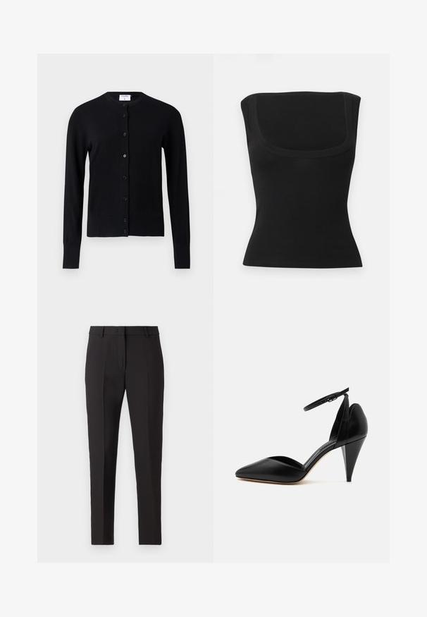 Gilet noir en tissu doux, avec un col rond, des manches longues et une fermeture à boutonnage comportant six boutons.; Haut noir ajusté sans manches avec un large décolleté carré et un tissu lisse, présenté sur un fond clair uni.; Pantalon noir ajusté avec une coupe droite, doté d'un devant plat, de passants de ceinture et sans motifs ni embellissements visibles.; Escarpin en cuir noir à bout pointu avec bride à la cheville et talon conique sur fond blanc.