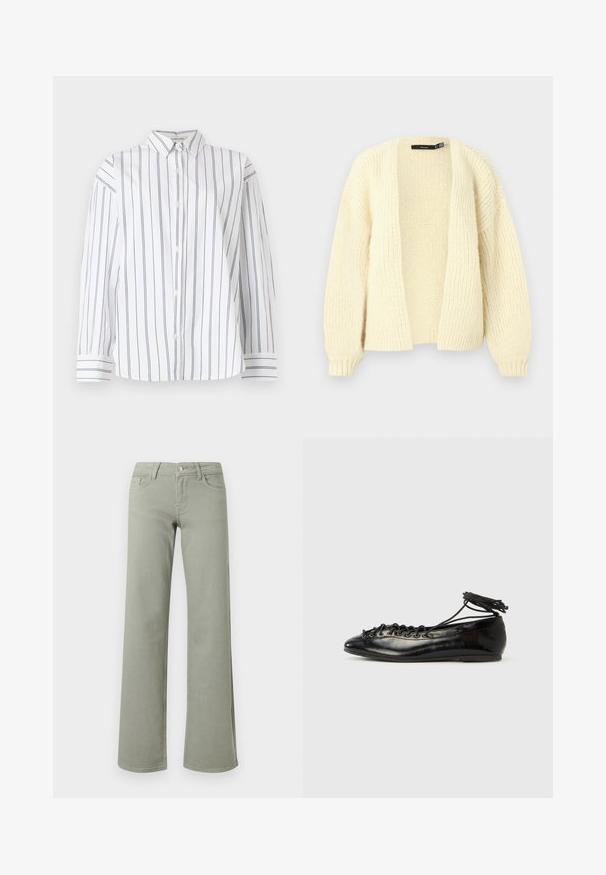 Strikket cardigan i cremefarve med åben front, lange ærmer og ribkant ved ærmerne, vist mod en ensfarvet lys baggrund.; Hvid bomulds skjorte med knapper og lodrette marineblå striber, en klassisk krave og lange ærmer med stribede manchetter. Blød tekstur.; Lysegrønne bukser med høj talje og lige ben, med linning, knap, lynlås samt lommer foran og bagpå på en hvid baggrund.; Sorte balletflade sko i laklæder med rundet tå, snørelukning og flad sål. Glat tekstur med få detaljer.