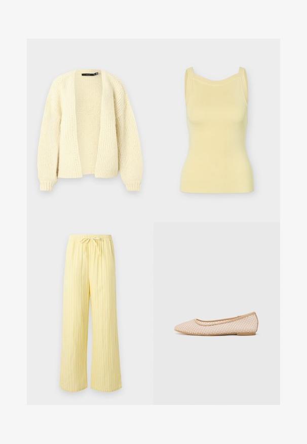 Strikket cardigan i cremefarve med åben front, lange ærmer og ribkant ved ærmerne, vist mod en ensfarvet lys baggrund.; Ærmeløs ribstrikket tanktop i sart gul med brede skulderstropper og en let buet udskæring.; Løse, gule bukser med lodrette hvide striber og elastisk talje med bundet snor.; Balletflade med spids tå, lavet af vævet beige materiale, med en fleksibel sål og en glat kant.