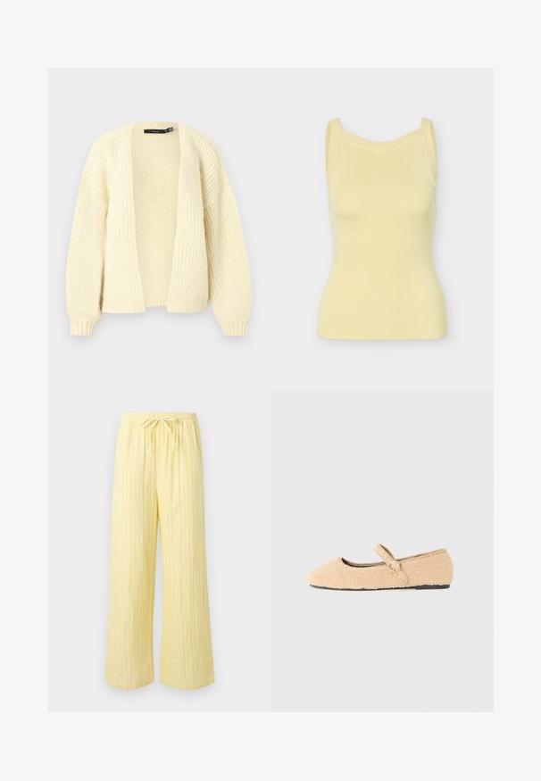 Cardigan tricoté couleur crème à ouverture devant, manches longues et poignets côtelés, présenté sur un fond uni clair.; Débardeur en maille côtelée sans manches de couleur jaune pâle avec de larges bretelles et un décolleté légèrement arrondi.; Pantalon jaune ample avec des rayures blanches verticales et une taille élastique dotée d'un cordon noué.; Chaussure plate Mary Jane en beige peluche avec bout arrondi, sangle réglable avec boucle circulaire et semelle noire sur fond blanc.