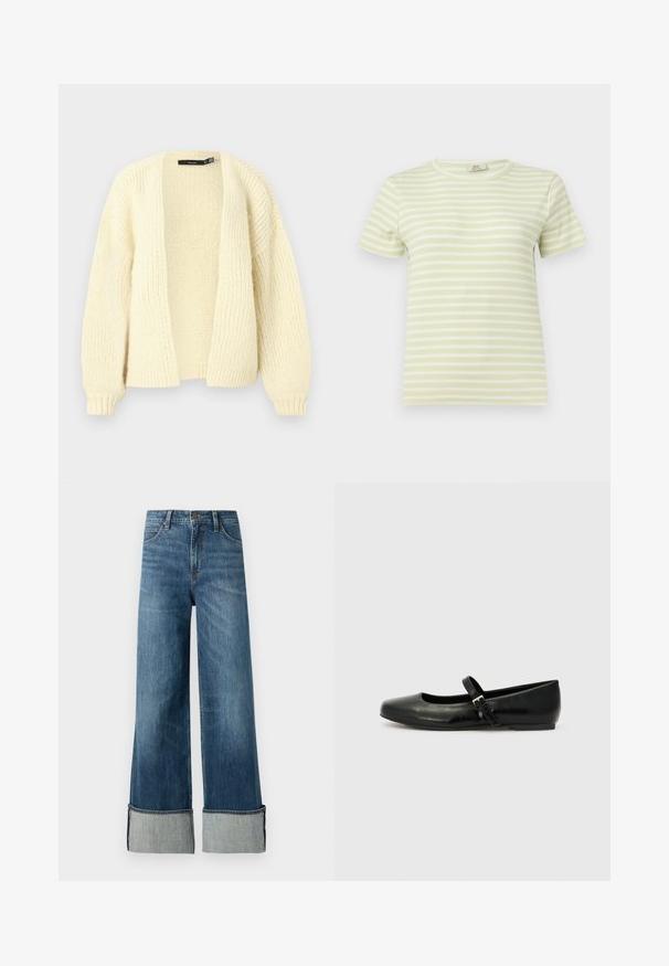 Strikket cardigan i cremefarve med åben front, lange ærmer og ribkant ved ærmerne, vist mod en ensfarvet lys baggrund.; Lysegrøn og hvid kortærmet ribstrikket T-shirt med vandrette striber og rund halsudskæring på ensfarvet baggrund.; Lee STELLA - Wide leg - richter; Sorte læder balletflade med rund tå, flad sål og en tynd justerbar rem over svangen med en metalspænde.