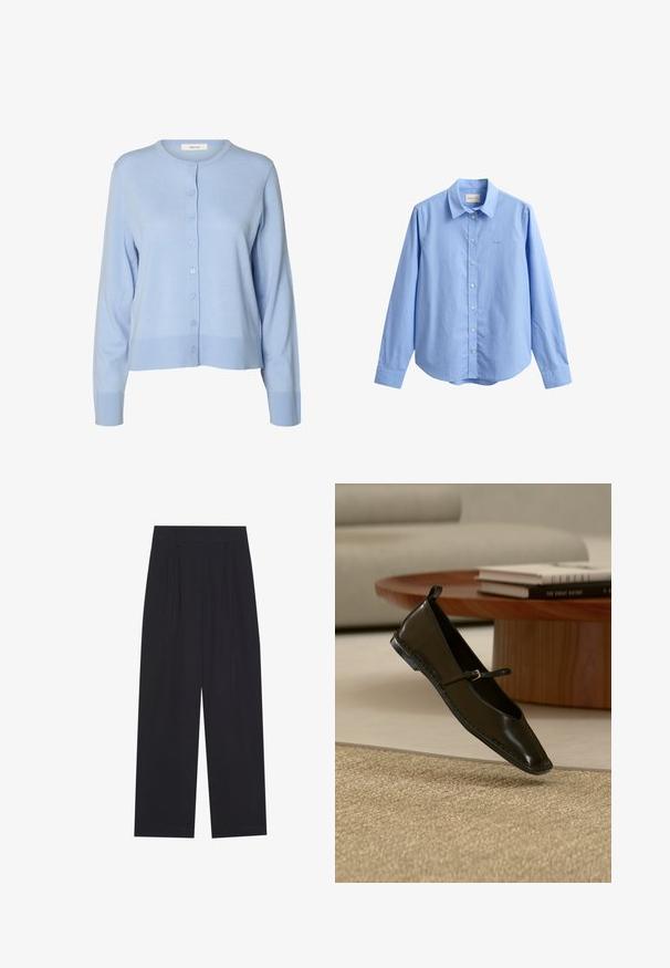 Cárdigan de manga larga azul claro con botones, cuello redondo, puños y bajo acanalados, exhibido sobre un fondo blanco.; Camisa azul claro de manga larga con cuello, logotipo discreto de la marca en el pecho y siete botones blancos delanteros.; Pantalones anchos negros de tela suave, con pliegues, cinturilla plana y sin bolsillos ni adornos visibles.; Zapato plano Mary Jane de cuero negro flotando sobre una alfombra beige tejida, con una mesa redonda de madera y libros apilados de fondo.