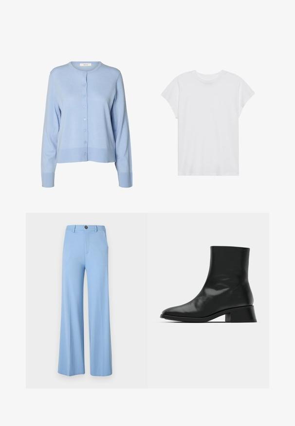 Lyseblå langærmet knapcardigan med rund halsudskæring, ribstrikkede manchetter og kant, vist mod en hvid baggrund.; Hvid kortærmet t-shirt med rund hals, afslappet pasform, lavet af blødt bomuldsstof. Glat tekstur, ingen mønstre eller logoer.; Lys blå vide bukser lavet af et glat stof, med knaplukning og forlommer. Rent, skræddersyet design uden mønstre.; Sort ankelstøvle lavet af blank læder, med et strømlinet design, spids tå og en moderat blokhælhøjde for stabilitet.