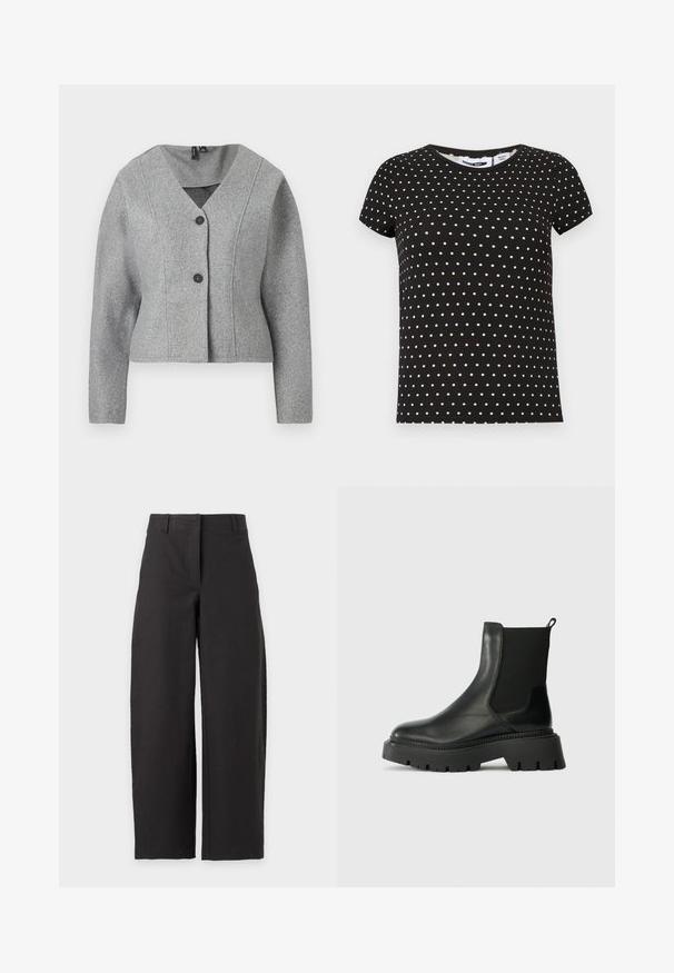Blazer en laine grise avec manches longues, col en V, deux boutons noirs et taille légèrement cintrée.; T-shirt noir à manches courtes avec des pois blancs, col rond et ourlet droit.; Pantalon noir à jambes larges avec taille haute et passants de ceinture, présenté sur fond blanc.; Bottine en cuir noir avec panneau latéral élastique, semelle en caoutchouc épaisse et tirant. Présente une finition lisse et des accents nervurés.