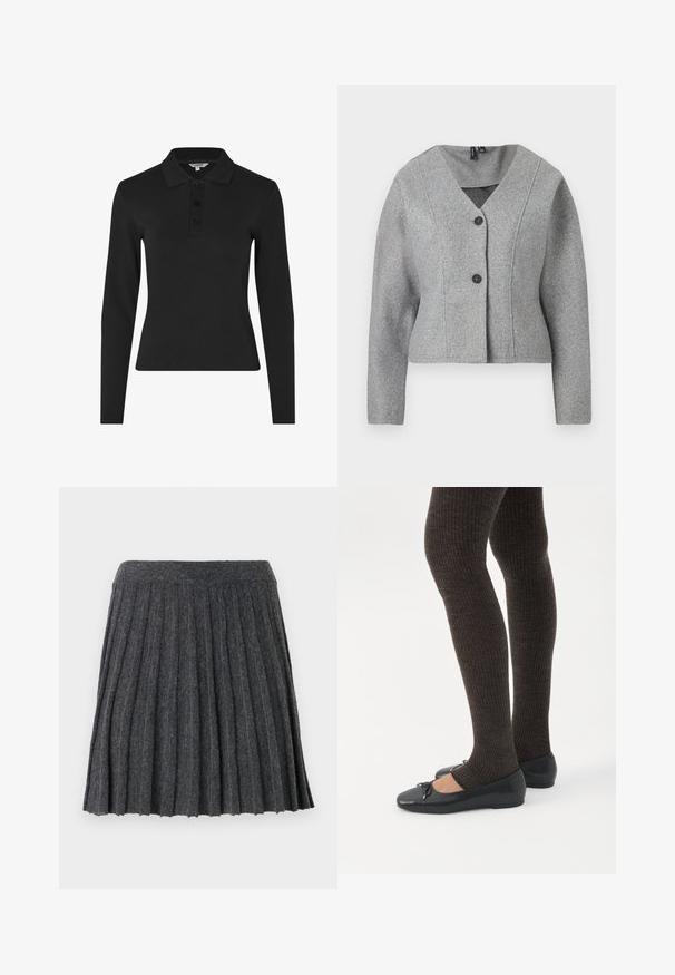 Grijze wollen blazer met lange mouwen, V-hals, twee zwarte knopen en licht getailleerde taille.; Zwarte polo met lange mouwen van ribstof, met een klassieke kraag en drie knopen aan de voorkant.; Vero Moda Knitted VMMARINA Short - Minirok - dark grey; Benen met donkere geribbelde leggings gecombineerd met zwarte ballerina's met kleine strikdetails op een witte achtergrond.