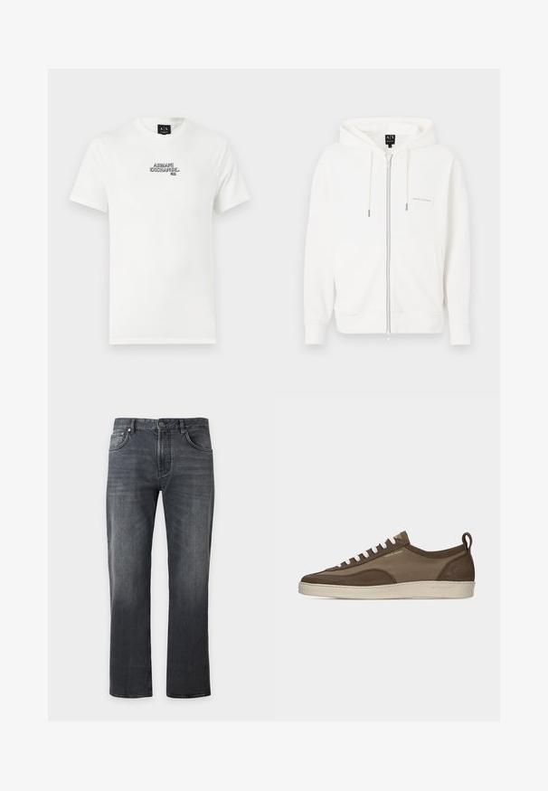 Sweat à capuche blanc zippé en tissu doux, doté d'une capuche avec cordon, de poignets côtelés et d'un petit patch logo sur la poitrine.; T-shirt en coton blanc avec un logo brodé noir "ARMANI EXCHANGE N.Y." sur la poitrine. Manches courtes et encolure classique.; Jean noir droit avec fermeture avant par bouton et zip, design cinq poches et détails subtils d'usure.; Baskets basses marron à profil bas avec lacets blancs, semelle beige, dessus en tissu et daim, languette latérale et logo "Tiger of Sweden" en texte doré.