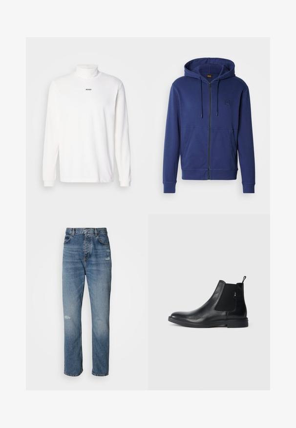 Marineblå hættetrøje lavet af blødt stof, med fuld lynlås, snøre i hætten og forlommer, samt et lille logo på brystet.; Hvid langærmet turtleneck trøje lavet af blødt stof, med et diskret sort "HUGO" logo på forsiden og tætsiddende manchetter.; Lyseblå denim jeans med lige ben-design, der har en knap- og lynlåslukning, fem lommer og slidte detaljer ved knæet.; Sorte læder Chelsea støvler med elastiske sidepaneler, en pull-tab og en flad gummisål. Glat tekstur med minimal detaljer.