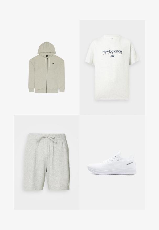 Haut de hoodie zippé gris clair en matière douce, avec une capuche, des cordons de serrage et deux poches avant. Petit logo dans le coin supérieur gauche.; T-shirt blanc à manches courtes avec col rond, imprimé au centre devant du texte "new balance ATHLETICS" et du logo "NB" en bleu foncé.; Shorts de sport gris clair en tissu doux, dotés d'une taille élastique avec un cordon de serrage pour un ajustement réglable et de deux poches latérales.; Baskets blanches en tricot à tige basse avec semelle texturée, fermeture à lacets à l'avant et logo "JACK & JONES" sur le côté du col du talon.