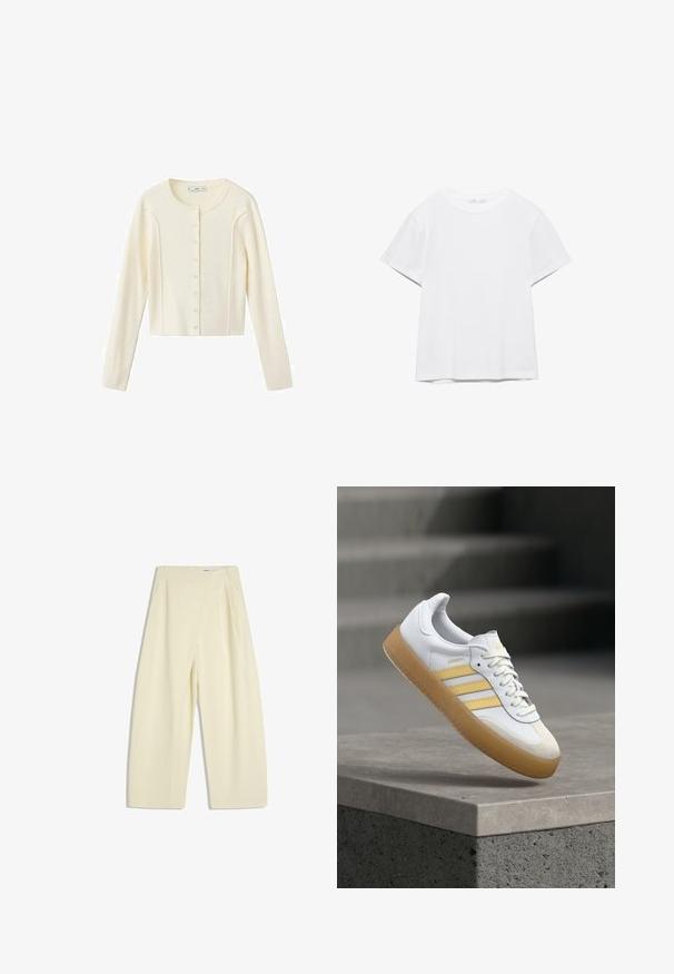Cardigan de culoare crem, cu guler rotund, mâneci lungi, panouri texturate cu nervuri și închidere cu nasturi în față. Material moale, cu un design scurt.; Tricou simplu alb, cu mâneci scurte și guler rotund, cu tiv drept, prezentat pe un fundal alb.; Pantaloni largi de culoare crem, cu talie înaltă și buzunare laterale, expuși întinși pe un fundal alb.; Pantof sport din piele albă cu accente galbene, trei dungi și talpă din cauciuc maro. Prezintă un vârf rotund și o limbă texturată.