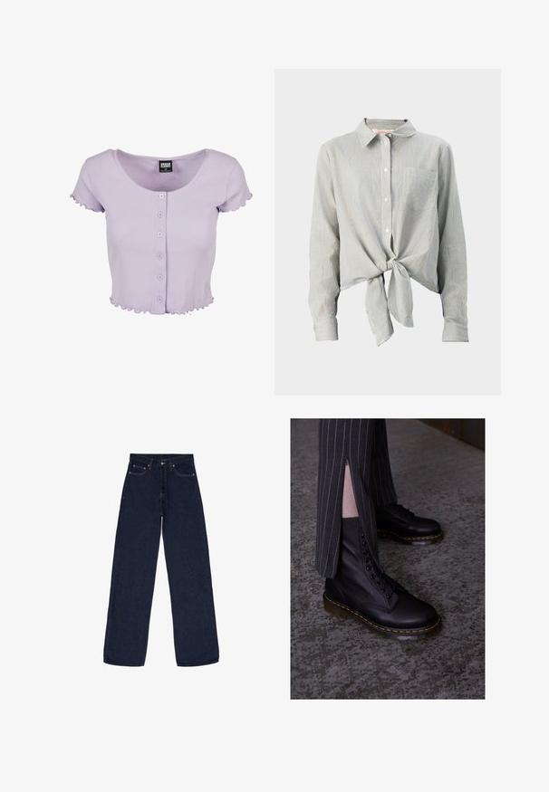 Lyslilla cropped t-shirt i ribbet stof med rund halsudskæring, korte ærmer, fem knaplukninger og bølgende kantdetaljer.; Knapp-shirt i grønne og hvide striber, med en sløjfe foran, lange ærmer og en brystlomme. Fremstillet af letvægtsstof.; Mørkeblå vide jeans lavet af denim. Funktioner inkluderer knaplukning, fem lommer og subtile syninger. Glat tekstur.; Sorte læder snørebåndsstøvler med en struktureret overflade, gule syninger og en solid, gennemsigtig sål. Samlet med stribede bukser med lynlåse.